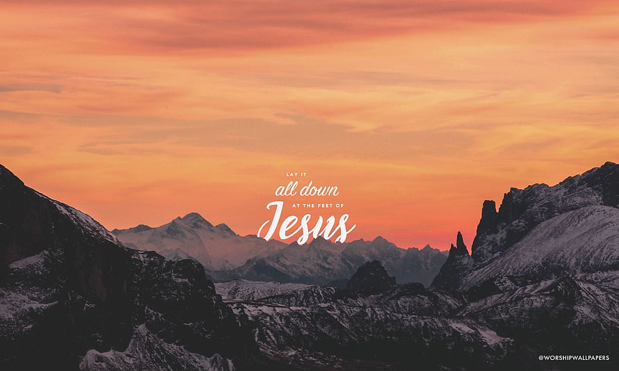 Snowy Mountain Range at Sunset with Inspirational Christian Quote HD wallpaper