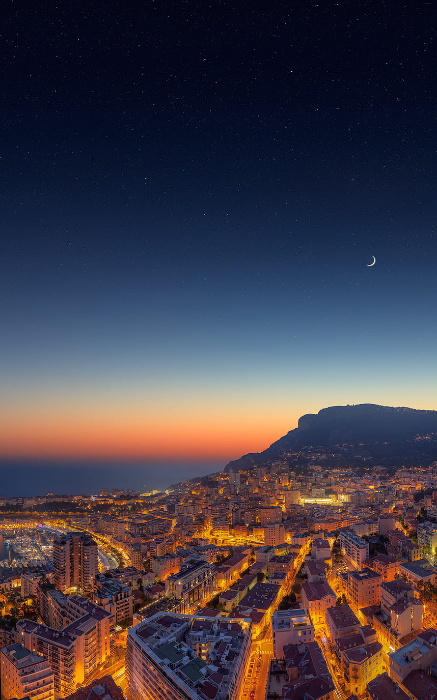 Marseille Cityscape at Dusk with Starry Sky and Crescent Moon Over the Mediterranean Coast HD phone wallpaper