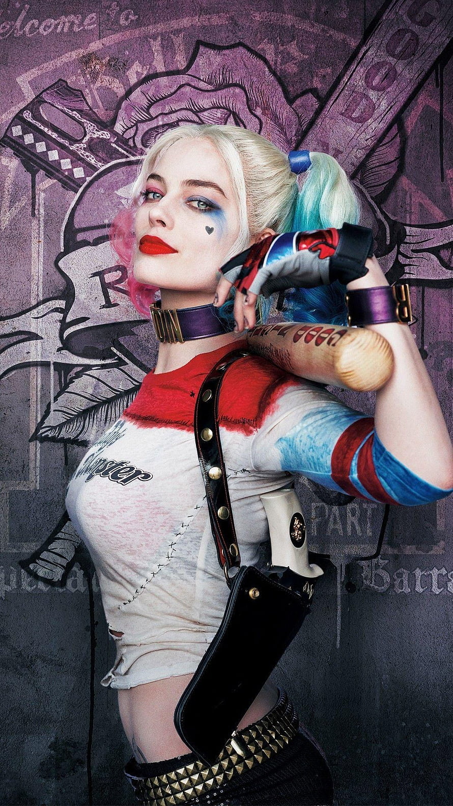 Harley Quinn Suicide Squad Cosplay Portrait with Baseball Bat and Graffiti Background HD phone wallpaper