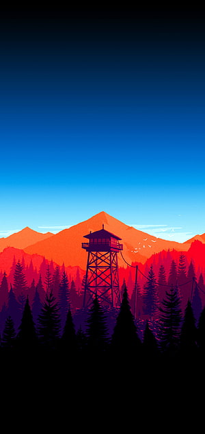 Vibrant Sunset Mountain Landscape With Fire Lookout Tower And Pine Forest Silhouette HD phone wallpaper