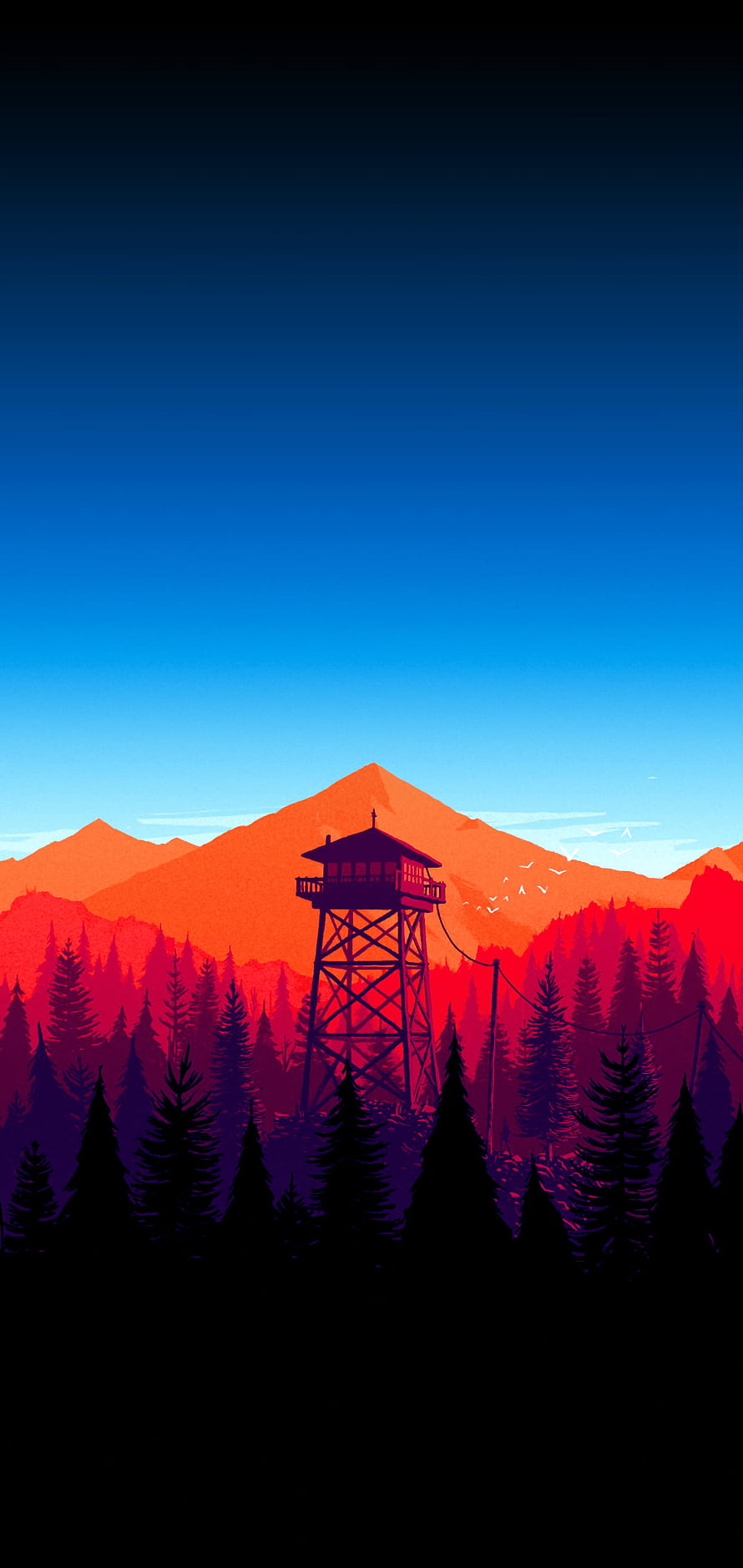 Vibrant Sunset Mountain Landscape With Fire Lookout Tower And Pine Forest Silhouette HD phone wallpaper