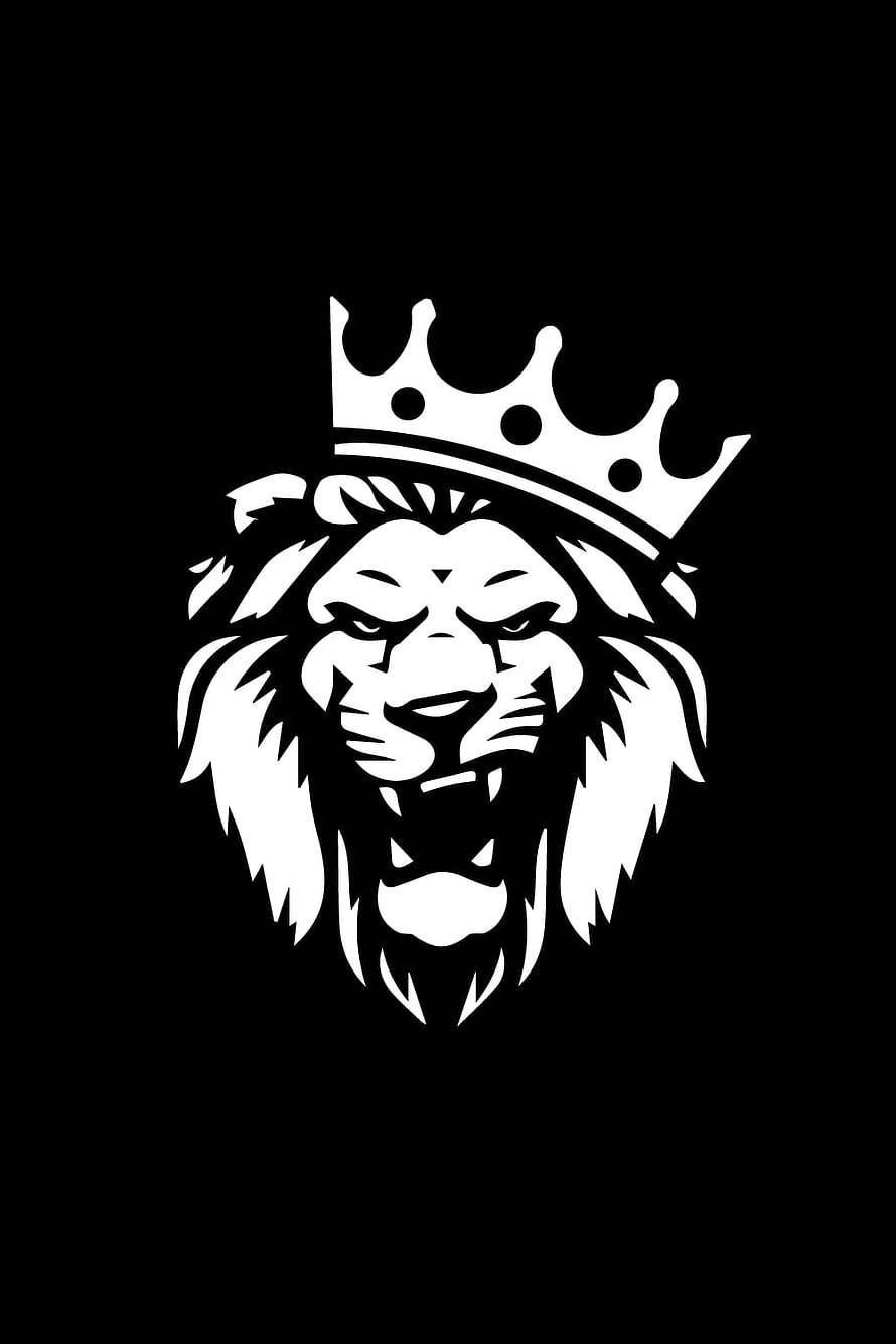 White Lion Head With Crown On Black Background Vector Art HD phone wallpaper