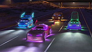 Cars 3 Neon Night Racing Scene with Jackson Storm and High-Speed Rivals HD wallpaper