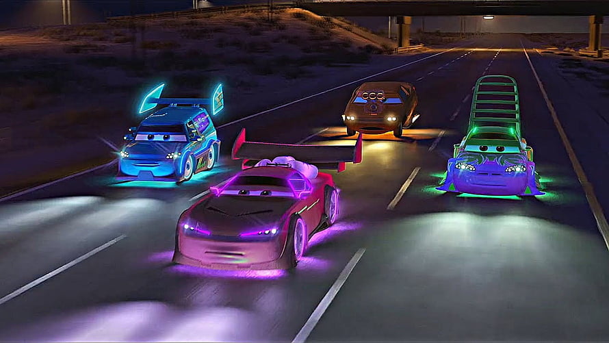 Cars 3 Neon Night Racing Scene with Jackson Storm and High-Speed Rivals HD wallpaper