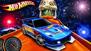 Hot Wheels Blue Sports Car on Orange Track with Dino Skull and Space Background HD wallpaper