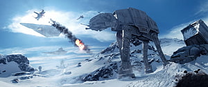 Star Wars AT-AT Walker Battle Scene on Snowy Hoth Planet with X-Wing Fighters HD wallpaper