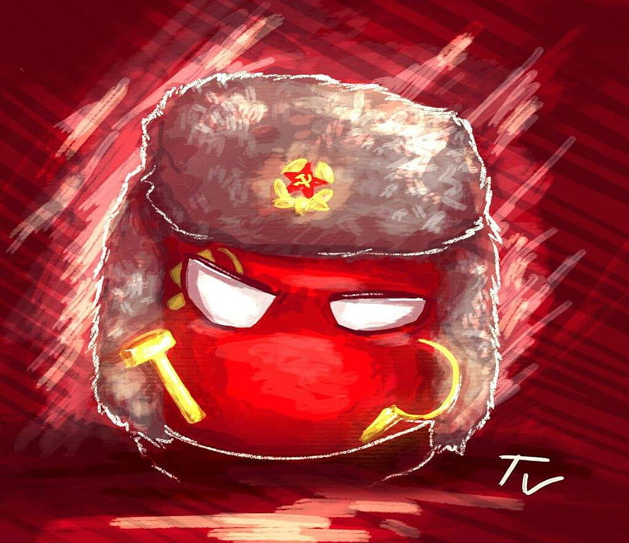 Angry Soviet Union Countryball Character with Fur Hat and Hammer Sickle Emblem HD wallpaper