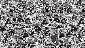 Black and White Doodle Pattern with Skulls, Monsters, and Edgy Text Phrases HD wallpaper