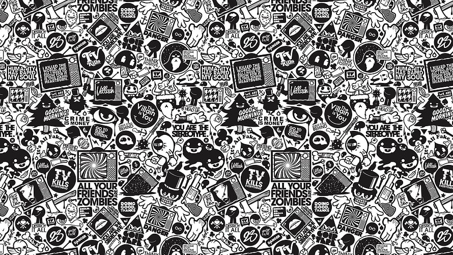 Black and White Doodle Pattern with Skulls, Monsters, and Edgy Text Phrases HD wallpaper