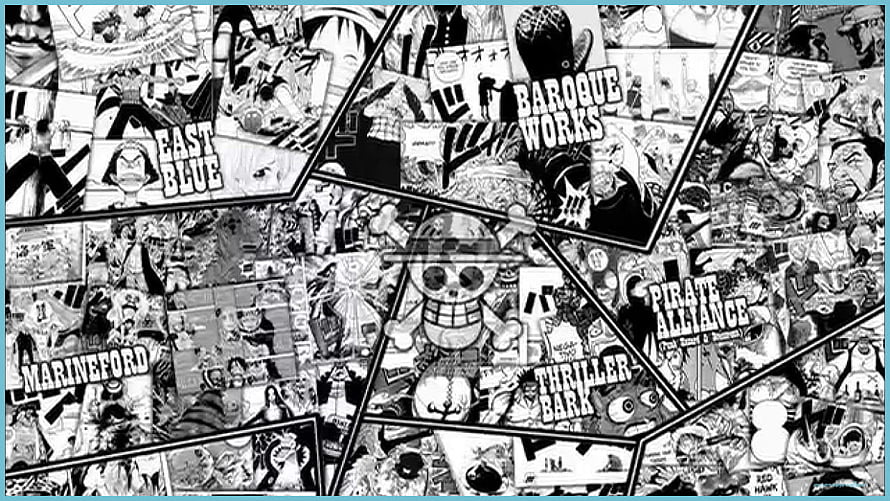 One Piece Manga Map Featuring Marineford, Thriller Bark, and Pirate Alliance Panels HD wallpaper