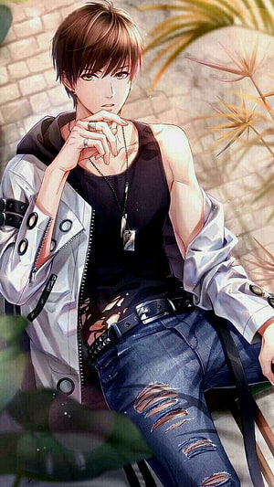 Handsome Anime Boy in White Jacket and Ripped Jeans Sitting in Garden HD phone wallpaper
