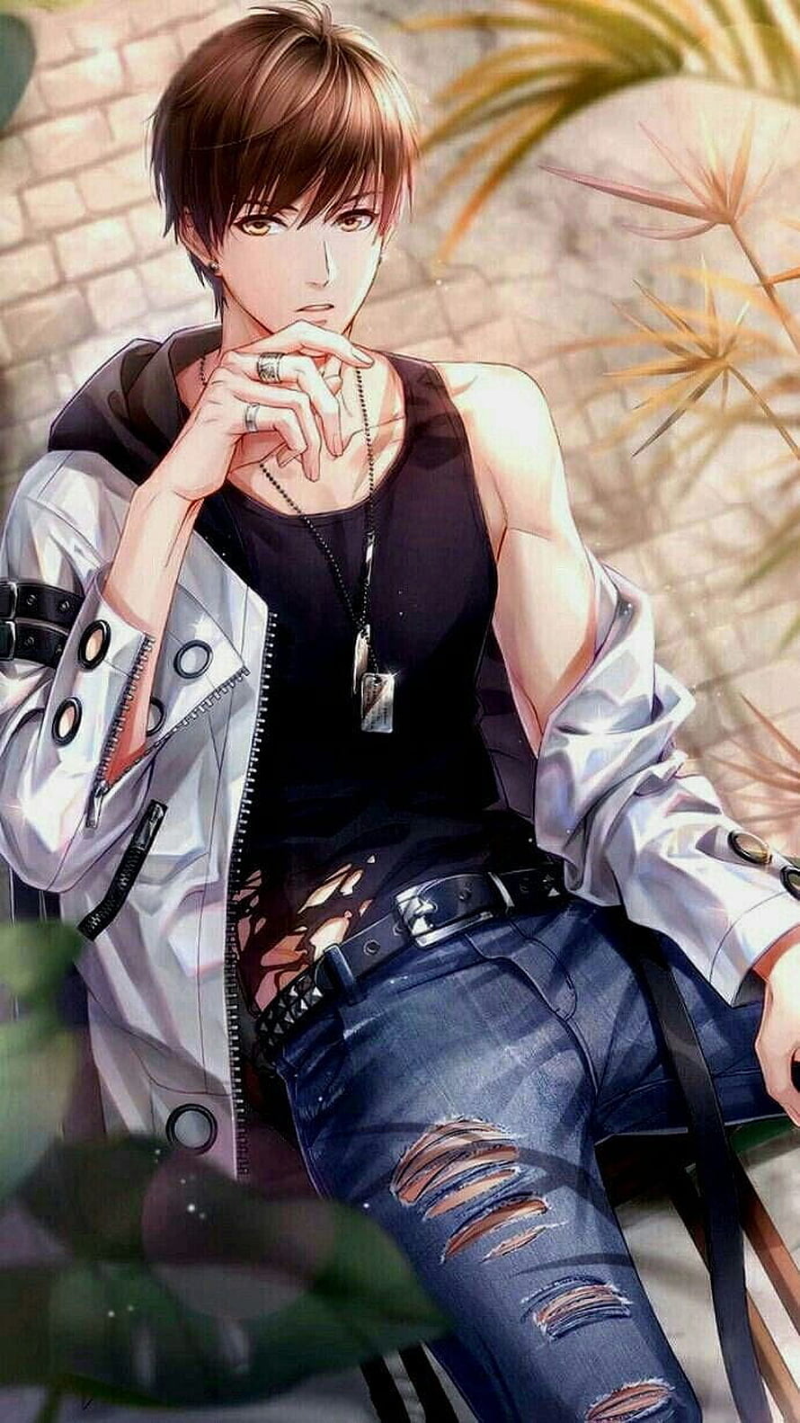 Handsome Anime Boy in White Jacket and Ripped Jeans Sitting in Garden HD phone wallpaper