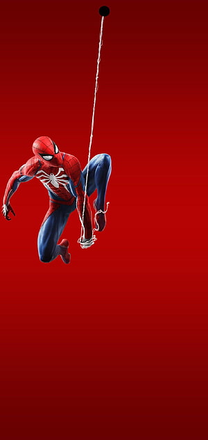 Spider-Man Swinging on Web Against Red Background, Middle Punch Hole HD phone wallpaper