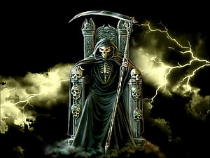 Grim Reaper Seated on Skull Throne with Lightning Storm and Scythe HD wallpaper