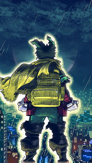 Izuku Midoriya in Vigilante Costume Standing Over a Rainy City at Night HD phone wallpaper