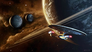Star Trek Enterprise D Starship Flying Past Ringed Planet and Moons in Deep Space HD wallpaper