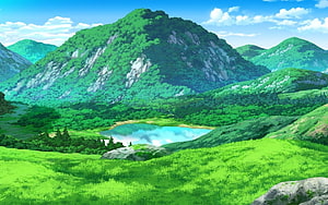 Vibrant Anime Mountain Valley with Serene Lake and Lush Green Grasslands HD wallpaper