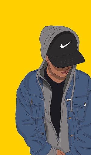 Illustration of a man wearing a blue denim jacket, grey hoodie, and black Nike cap against a yellow background, Pin on Anime Aesthetic, instagram dp boys HD phone wallpaper