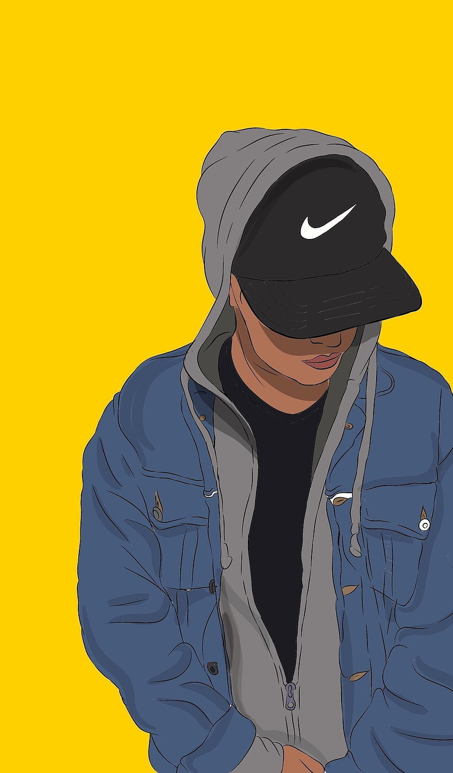 Illustration of a man wearing a blue denim jacket, grey hoodie, and black Nike cap against a yellow background, Pin on Anime Aesthetic, instagram dp boys HD phone wallpaper