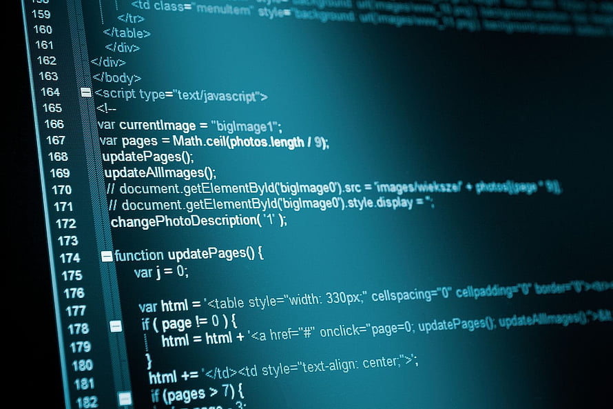 Close-up of JavaScript and HTML source code displayed in a dark-themed editor HD wallpaper