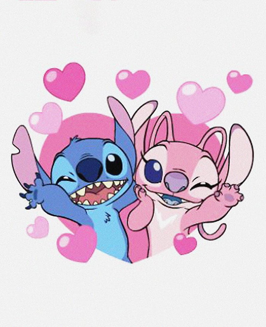 Stitch and Angel Cute Cartoon Illustration with Pink Hearts HD phone wallpaper