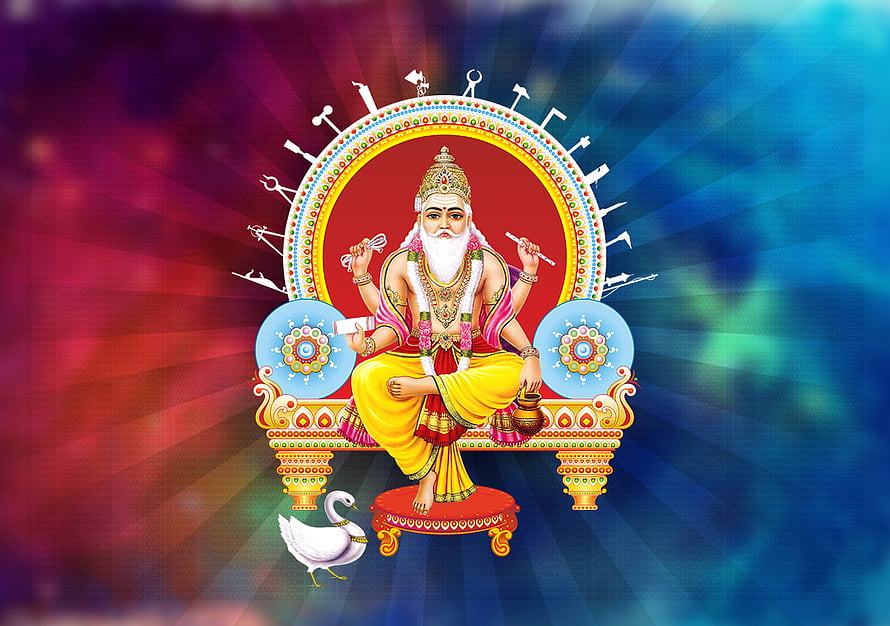 Brahma the Creator God Sitting on Lotus Throne with Swan Vahana and Four Vedas HD wallpaper
