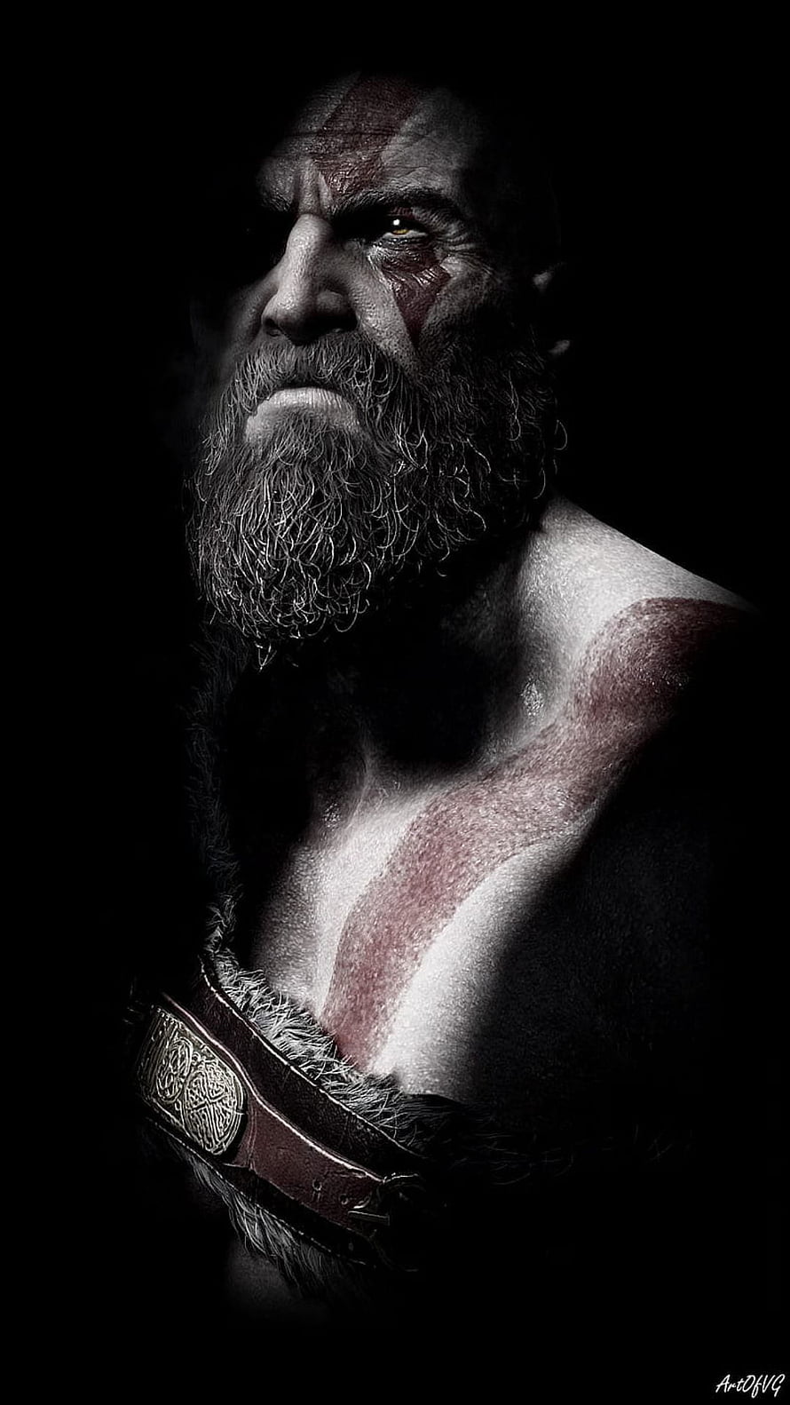 Kratos God of War Dark Portrait with War Paint and Fur Armor HD phone wallpaper