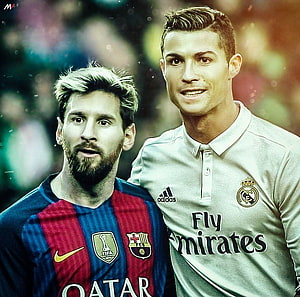 Lionel Messi and Cristiano Ronaldo in FC Barcelona and Real Madrid Kits HD wallpaper