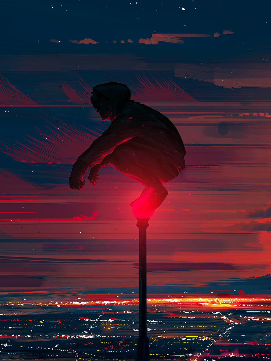 Silhouetted Anime Boy Perched on Glowing Street Lamp Against Neon Sunset Sky HD phone wallpaper