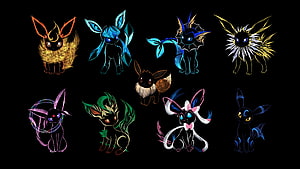 Collection of Espeon, Umbreon, Leafeon, Glaceon, Sylveon, and Other Eeveelutions on Black Background HD wallpaper