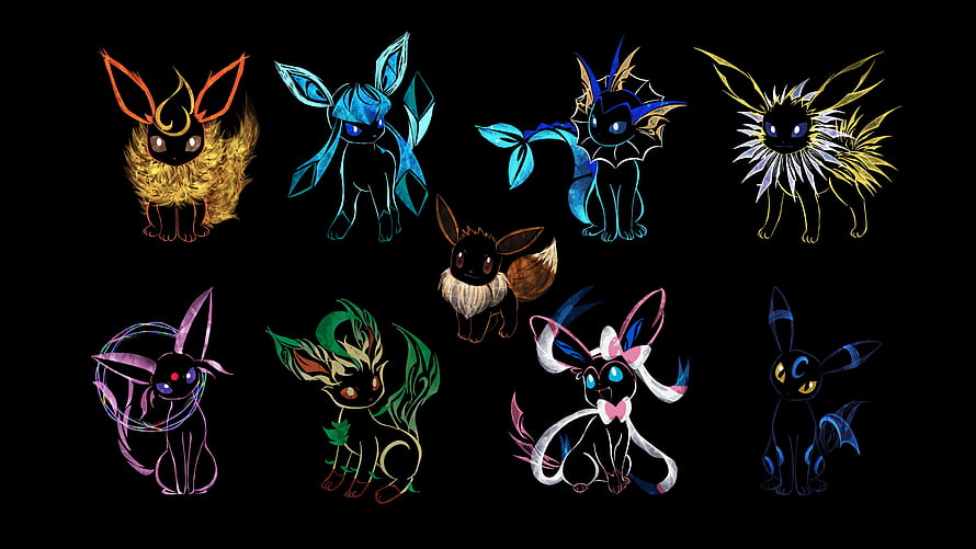 Collection of Espeon, Umbreon, Leafeon, Glaceon, Sylveon, and Other Eeveelutions on Black Background HD wallpaper