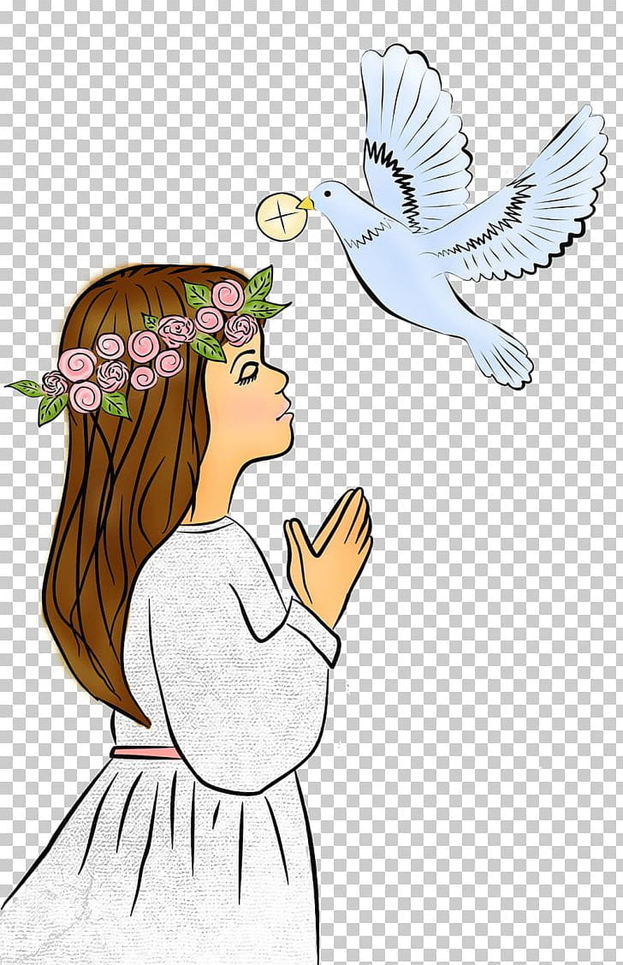 First Communion Girl with Flower Crown and Dove Illustration HD phone wallpaper