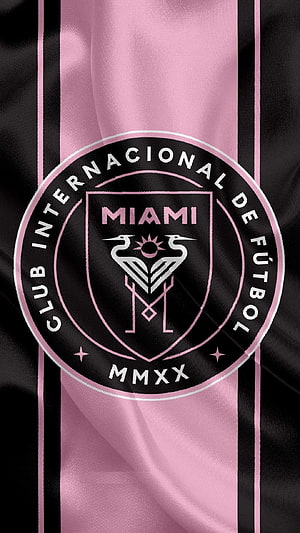 Club Internacional de Fútbol Miami Logo on Pink and Black Striped Fabric Background HD phone wallpaper