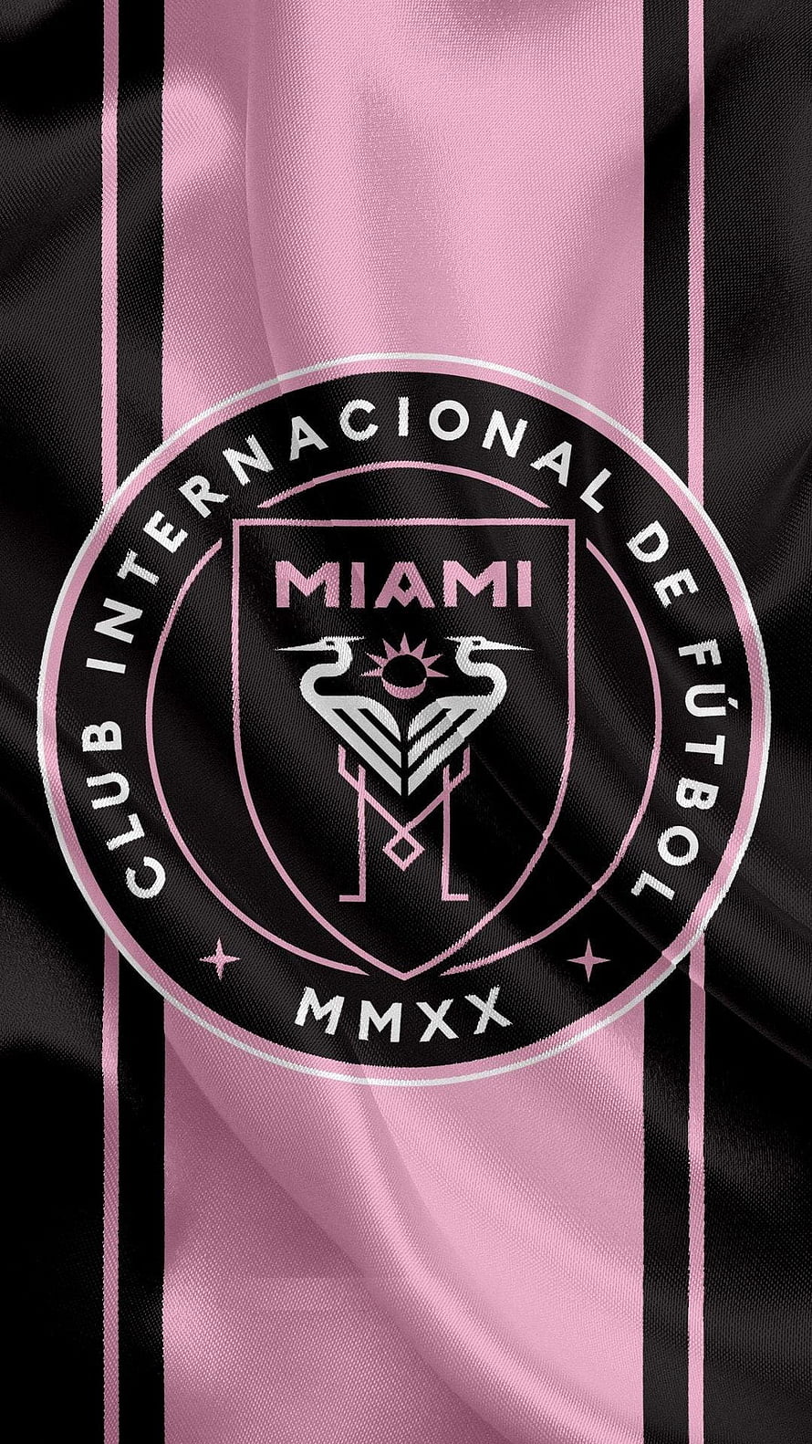 Club Internacional de Fútbol Miami Logo on Pink and Black Striped Fabric Background HD phone wallpaper