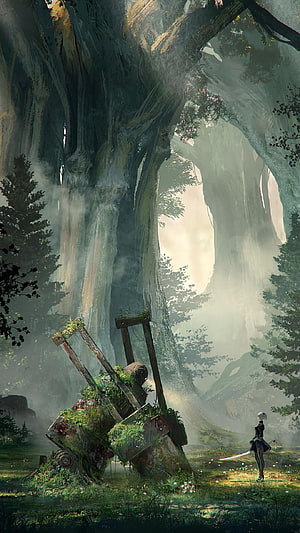 NieR Automata Concept Art: 2B Standing in a Misty Ancient Forest with Overgrown Machinery HD phone wallpaper