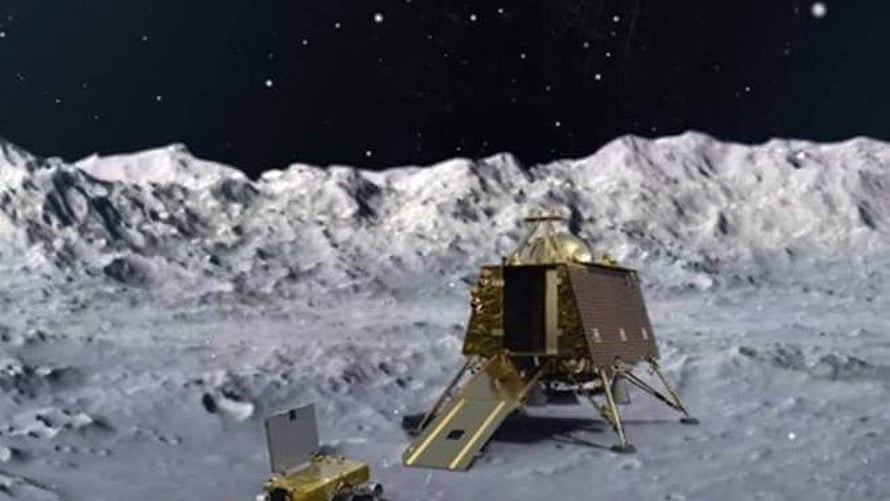 Golden Lunar Lander and Rover on Moon Surface with Rocky Terrain and Starry Sky HD wallpaper