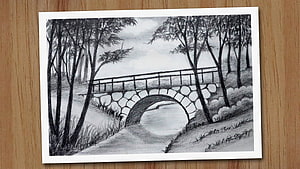 Pencil Drawing of a Stone Arch Bridge in a Forest Landscape HD wallpaper