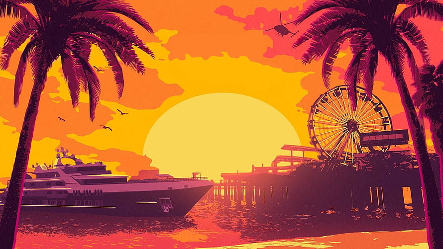 Vibrant Synthwave Sunset at the Pier with Ferris Wheel and Yacht HD wallpaper