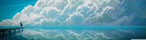 Lone Figure on Pier Gazing at Vast Clouds Over Calm Water HD wallpaper