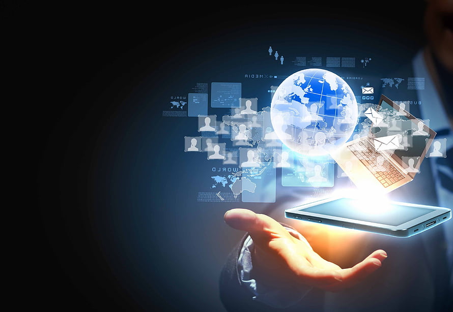 Hand Holding Smartphone With Holographic Globe, Laptop, and Digital Network Icons HD wallpaper