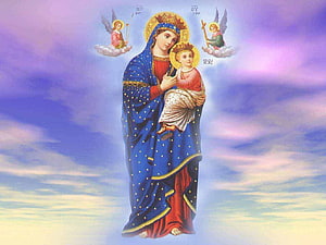 Virgin Mary and Child Jesus Icon with Angels on Clouds Against a Sky Background HD wallpaper