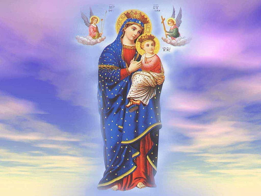 Virgin Mary and Child Jesus Icon with Angels on Clouds Against a Sky Background HD wallpaper