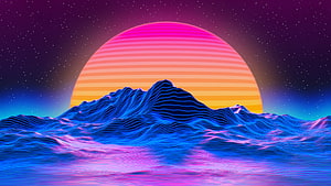 Retro Vaporwave Landscape with Neon Sunset and Wireframe Mountains HD wallpaper