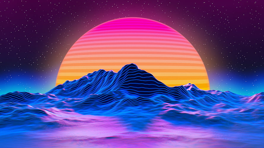 Retro Vaporwave Landscape with Neon Sunset and Wireframe Mountains HD wallpaper