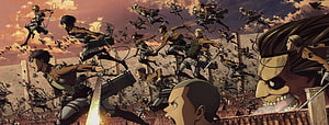 Attack on Titan Survey Corps ODM Gear Battle Scene with Colossal Titan HD wallpaper