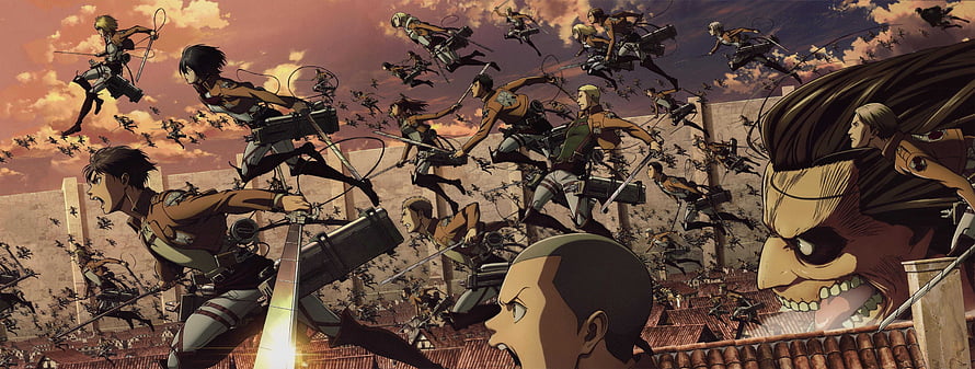 Attack on Titan Survey Corps ODM Gear Battle Scene with Colossal Titan HD wallpaper