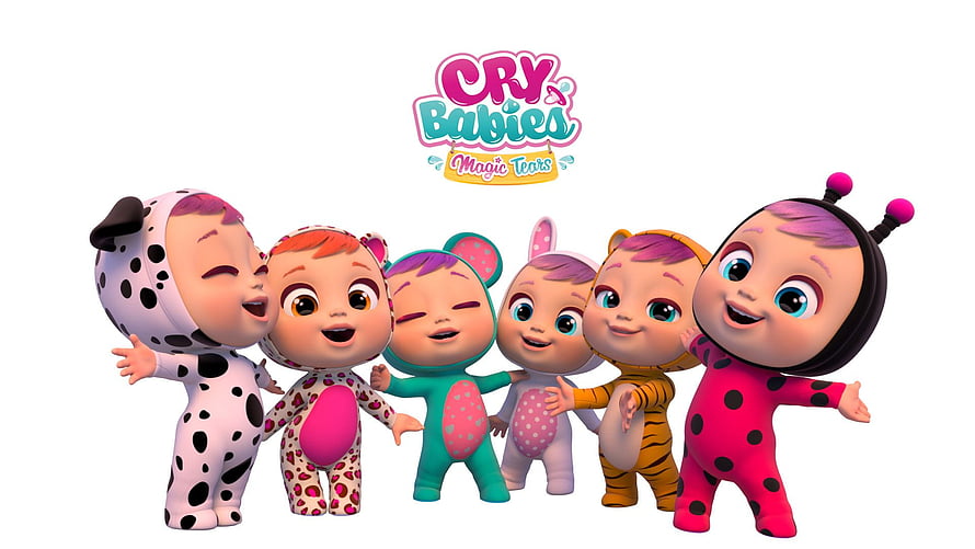 Cry Babies Magic Tears animated characters group illustration featuring colorful baby avatars in animal costumes HD wallpaper