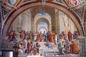 Raphael's School of Athens Fresco Depicting Philosophers in a Grand Renaissance Architectural Hall HD wallpaper