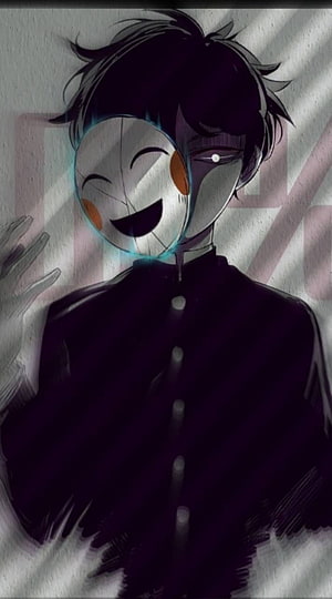 Anime boy holding a glowing smiley mask with a dark and mysterious atmosphere HD phone wallpaper