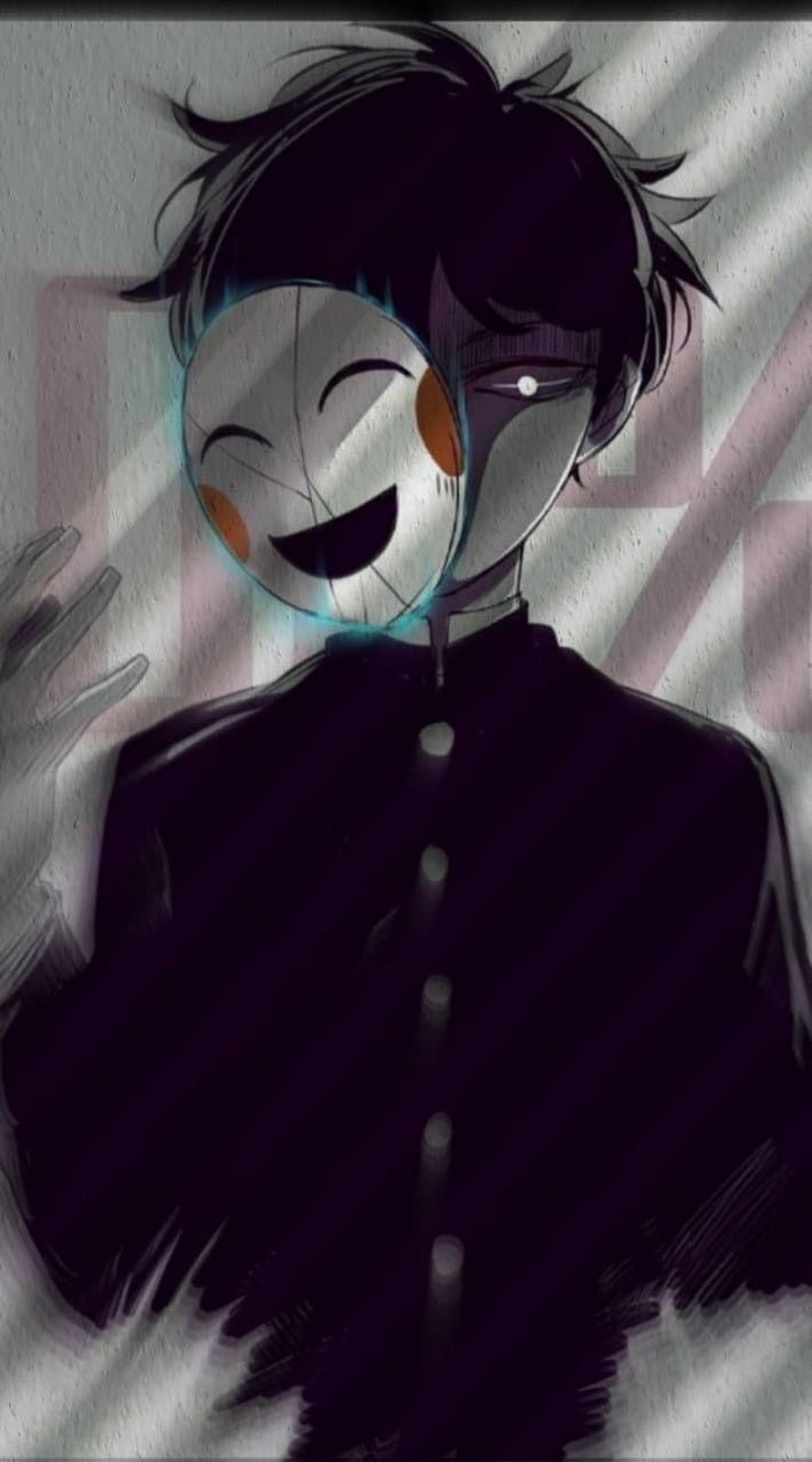 Anime boy holding a glowing smiley mask with a dark and mysterious atmosphere HD phone wallpaper